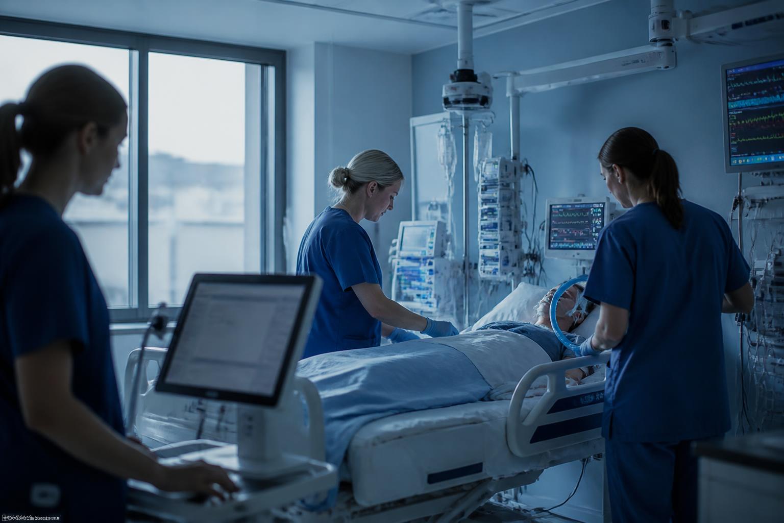Clinical team in a Nordic ICU monitoring a patient with digital equipment